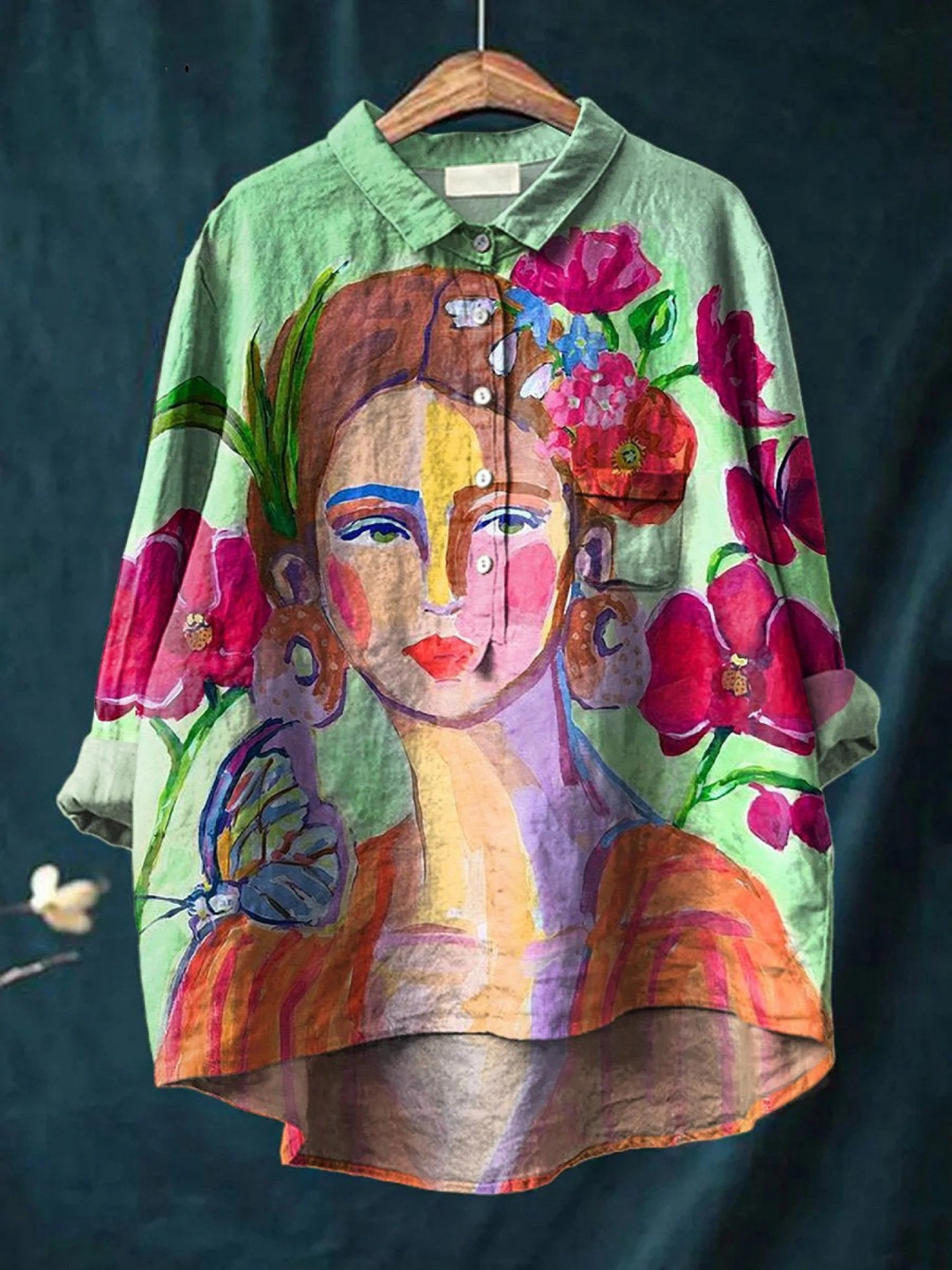 Camisa casual de mujer estampada con retrato artístico de mujer al óleo