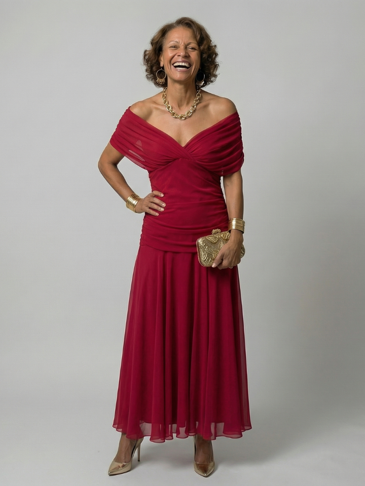 Calen | Vestido midi fluido sin hombros