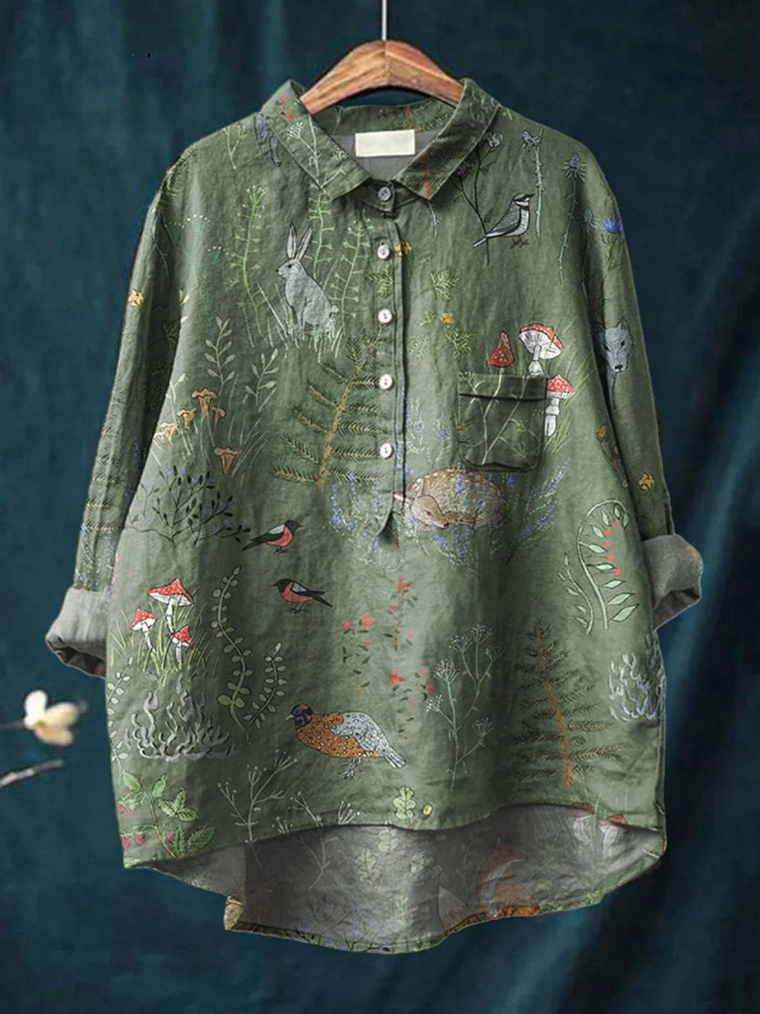Camisa Casual de Mujer con Estampado de Patrón Repetido de Bosque y Animales