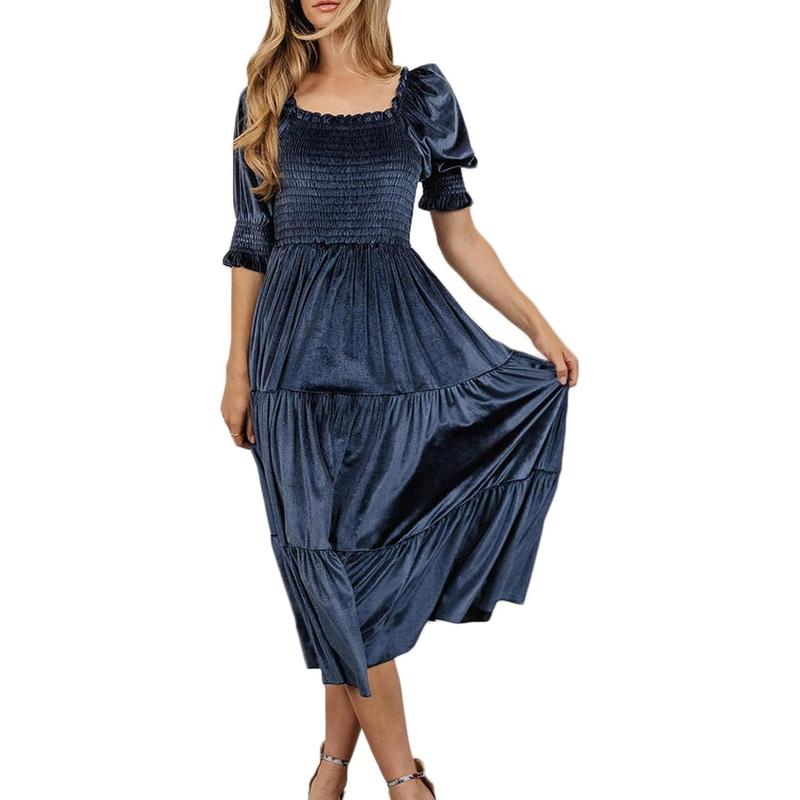 AUDREY™ - Vestido midi acampanado con cuello cuadrado y mangas abullonadas para todas las ocasiones