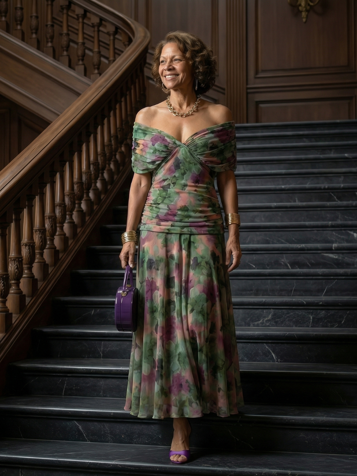 Calen | Vestido midi fluido sin hombros