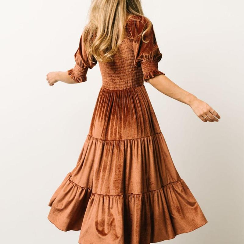 AUDREY™ - Vestido midi acampanado con cuello cuadrado y mangas abullonadas para todas las ocasiones