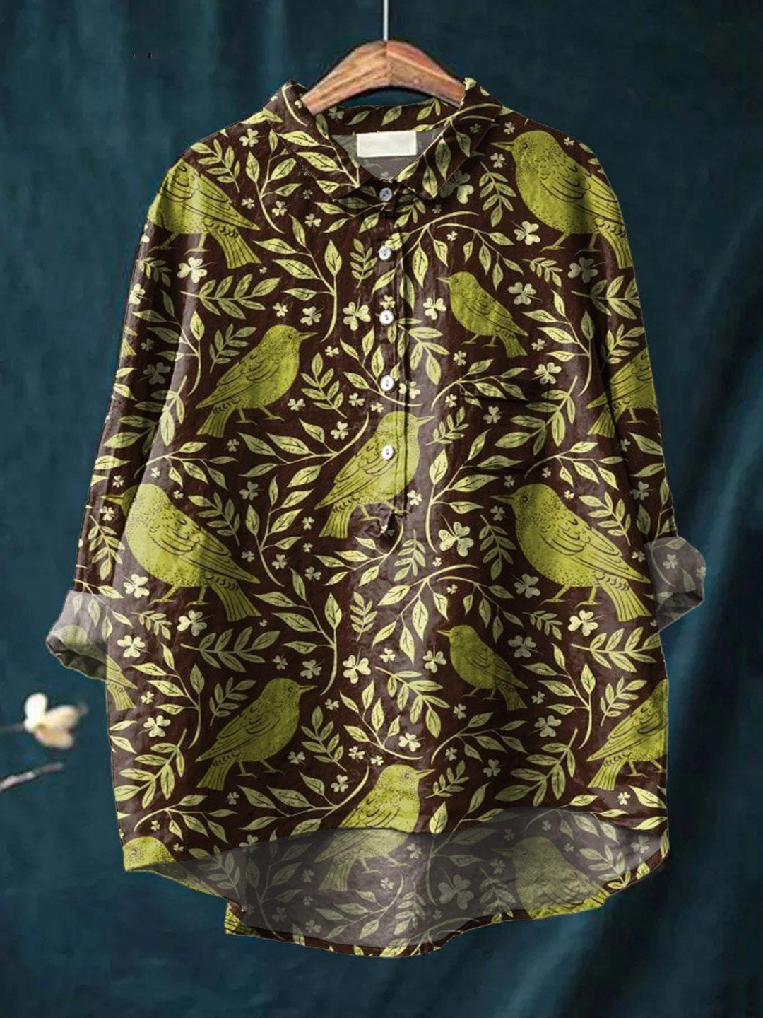 Camisa casual con estampado artístico floral de pájaros vintage para mujer