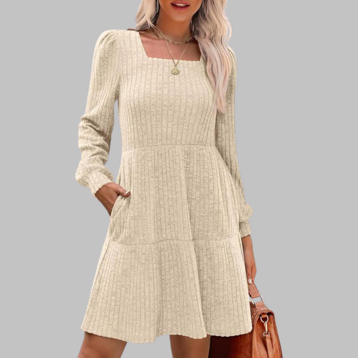 ULAN™ - Vestido midi informal de manga larga con cuello cuadrado
