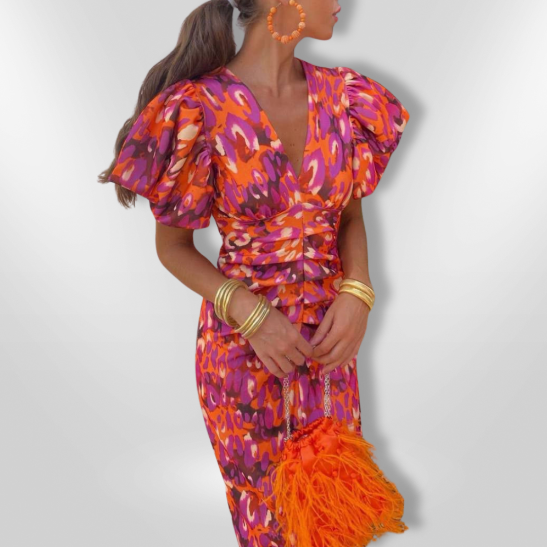 Oranit™ | Vestido Colorido con Mangas Plisadas