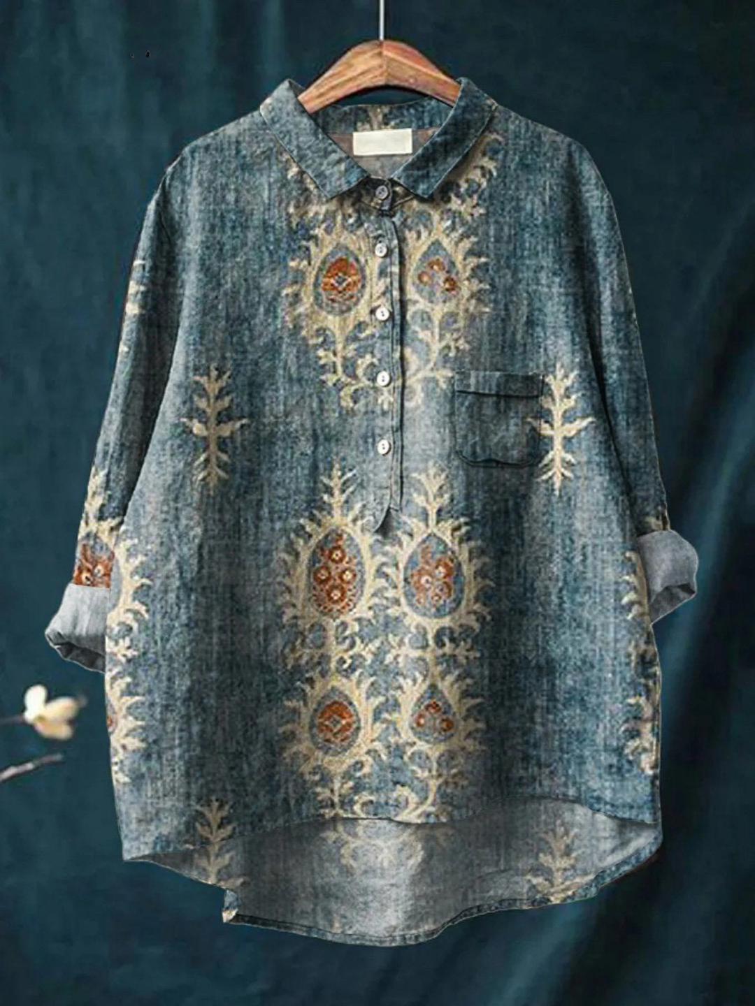 Camisa informal con estampado artístico floral étnico vintage para mujer
