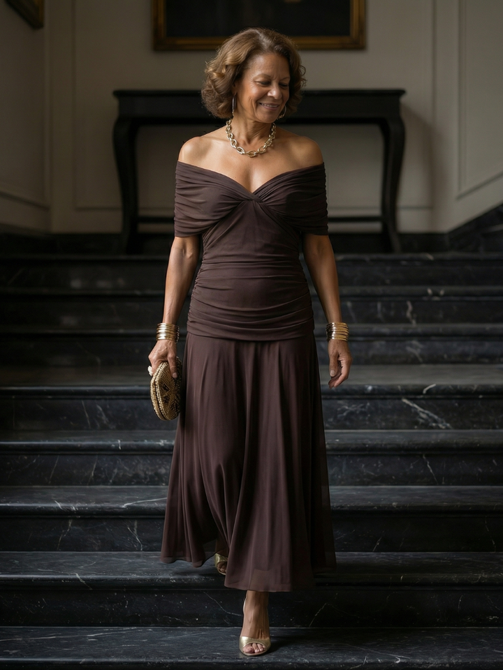 Calen | Vestido midi fluido sin hombros