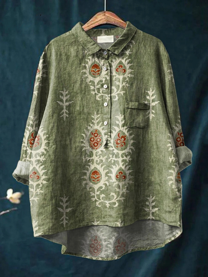 Camisa informal con estampado artístico floral étnico vintage para mujer