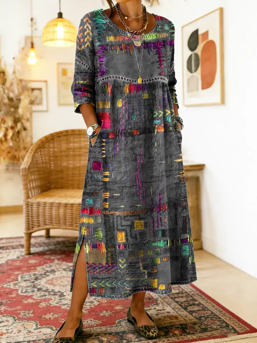 Isabelle | Vestido Vaquero con Patchwork Étnico