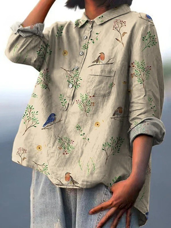 Camisa casual de mujer con estampado de ramas y petirrojos