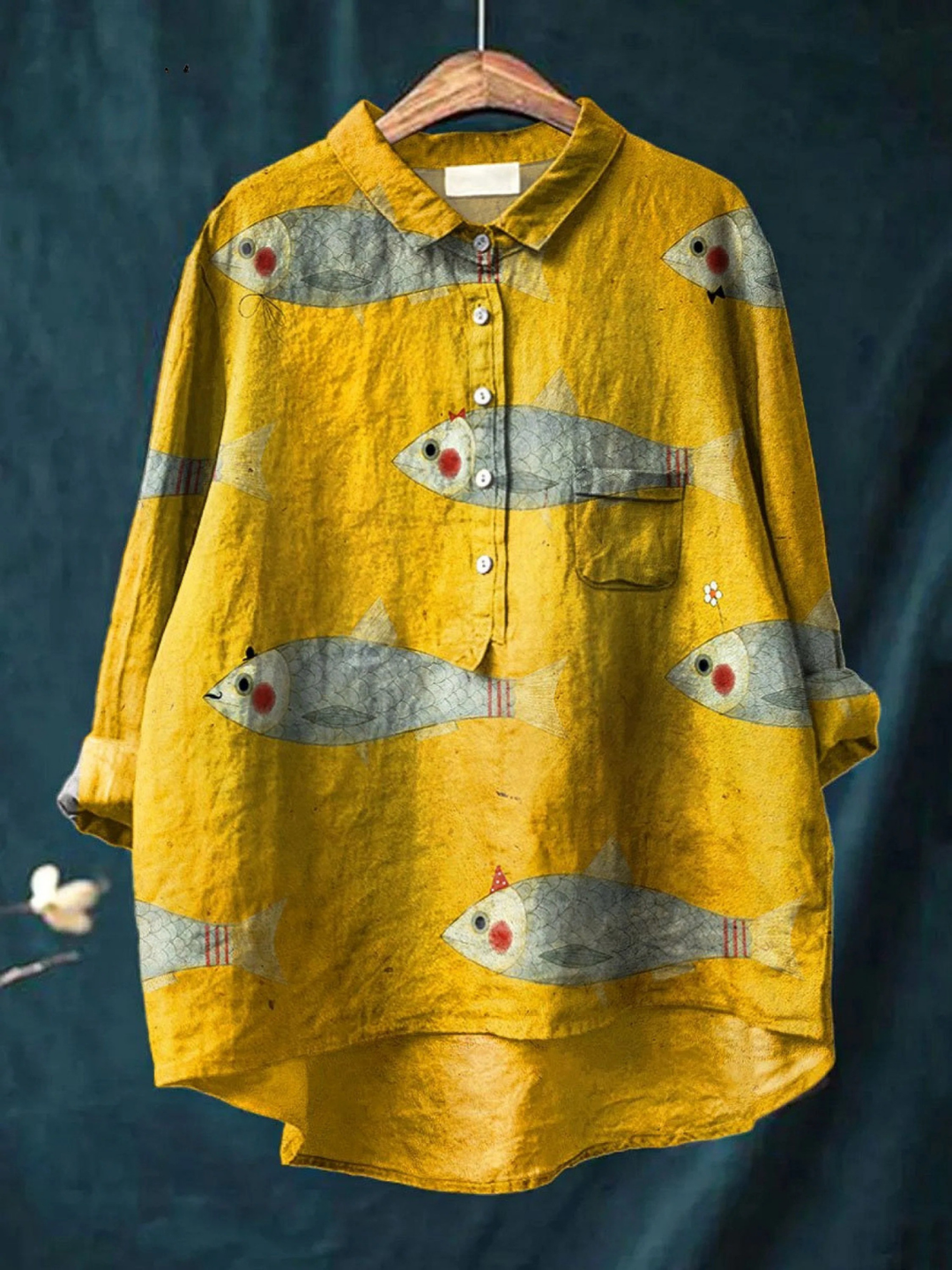 Camisa Casual Estampada de Pez Estilo Vintage para Mujer