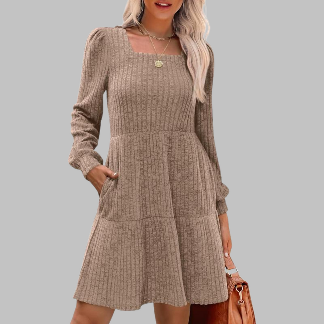 ULAN™ - Vestido midi informal de manga larga con cuello cuadrado