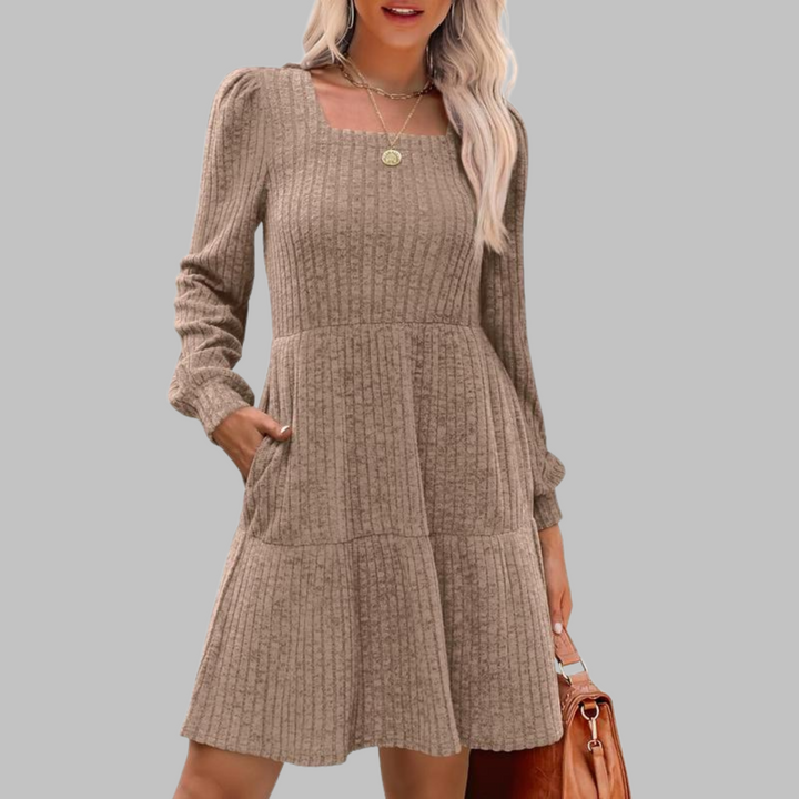 ULAN™ - Vestido midi informal de manga larga con cuello cuadrado
