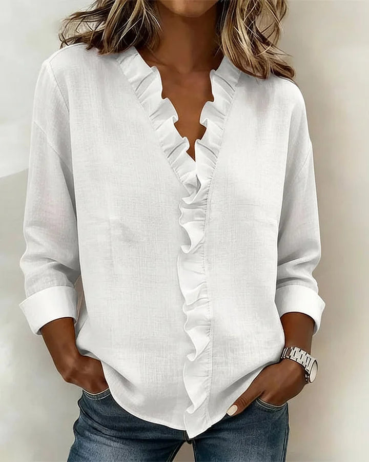Indie | Blusa con volantes, escote en V y manga larga