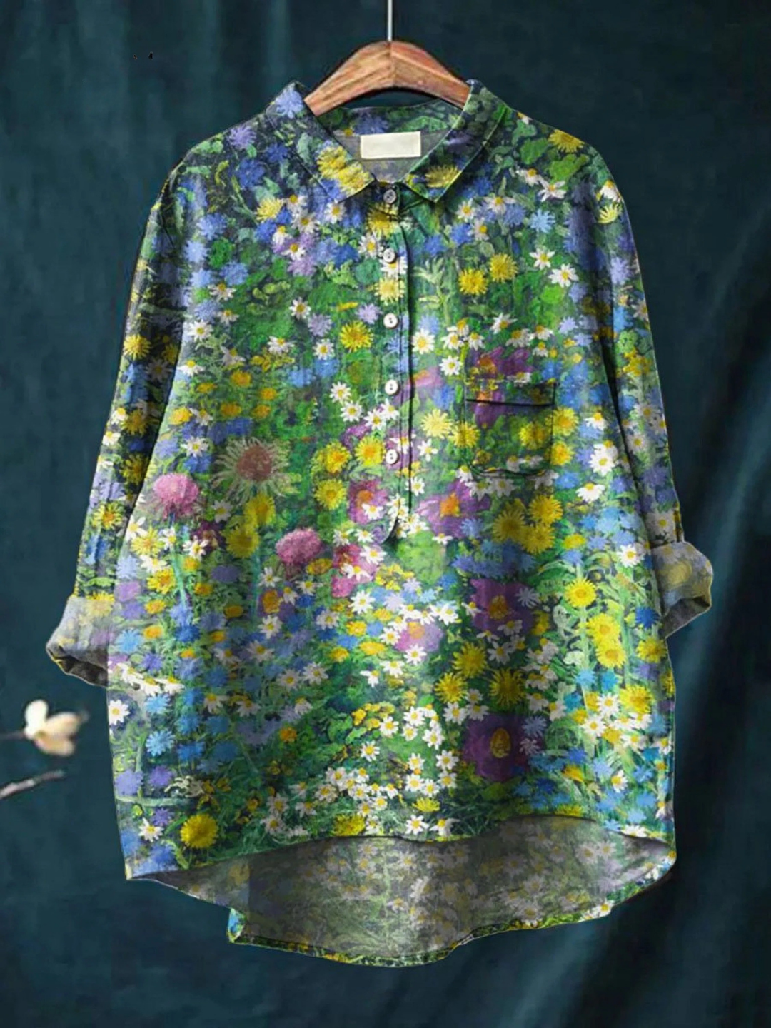 Camisa informal con estampado artístico floral vintage para mujer