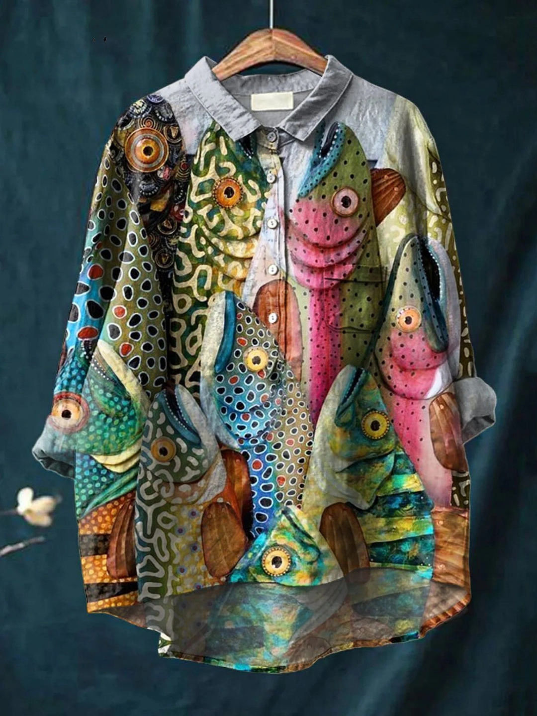 Camisa casual con estampado artístico de peces vintage y divertido