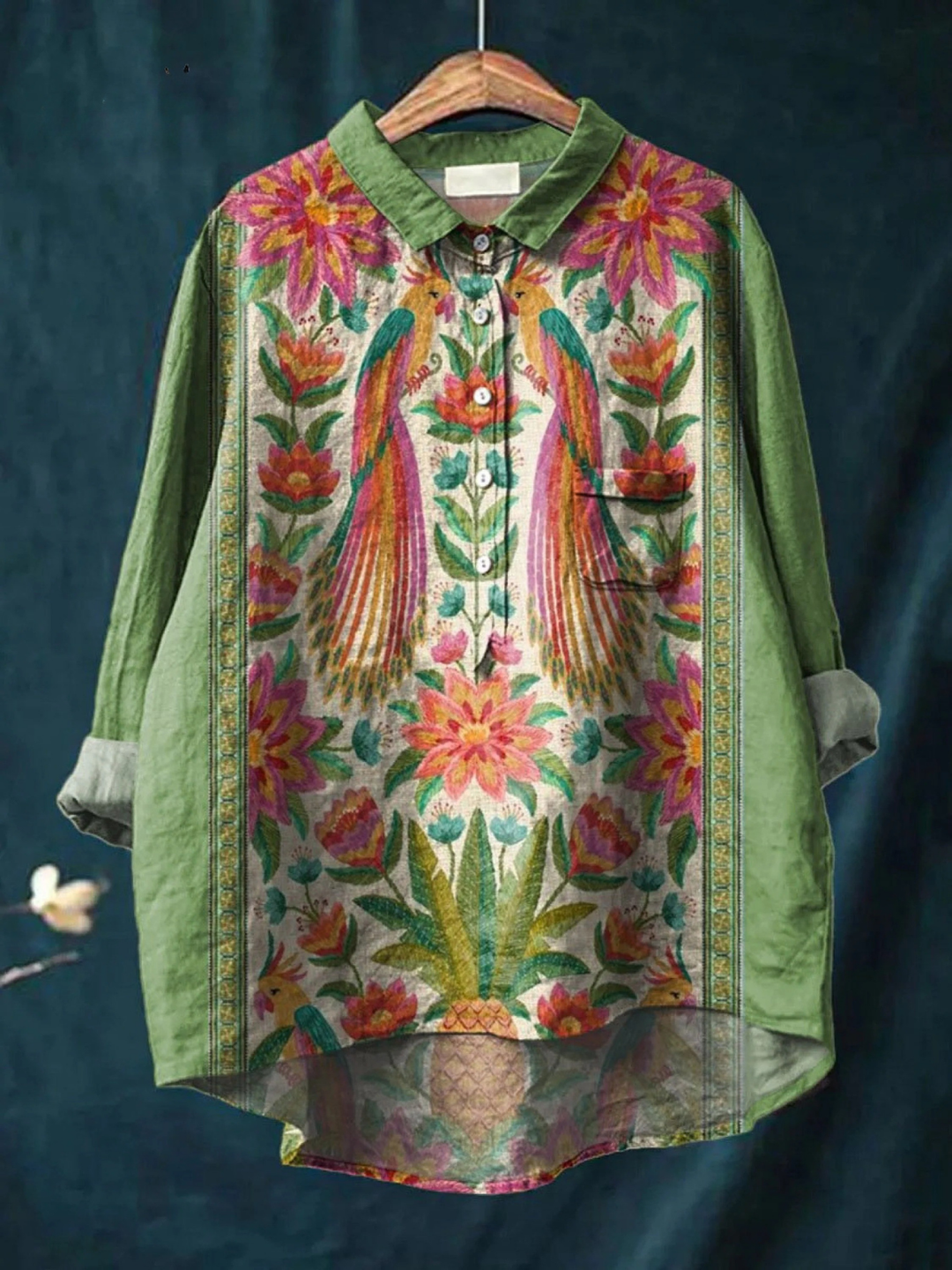 Camisa informal estampada floral y de pájaros estilo vintage para mujer