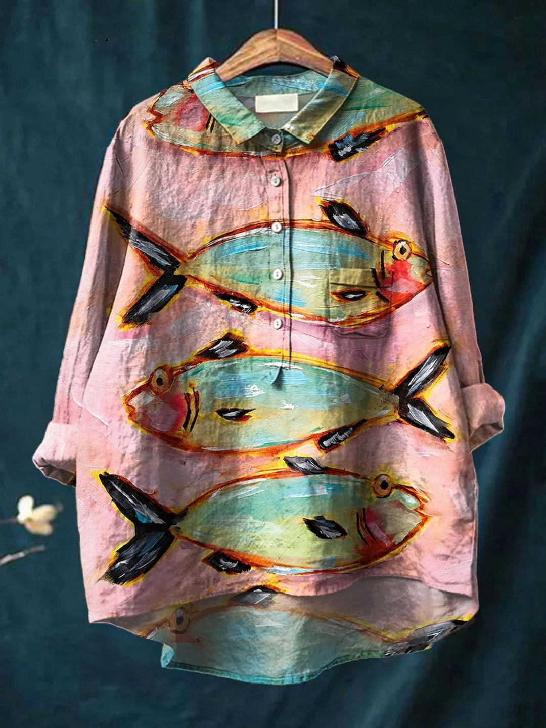 Camisa Casual Estampada de Pez Estilo Vintage para Mujer