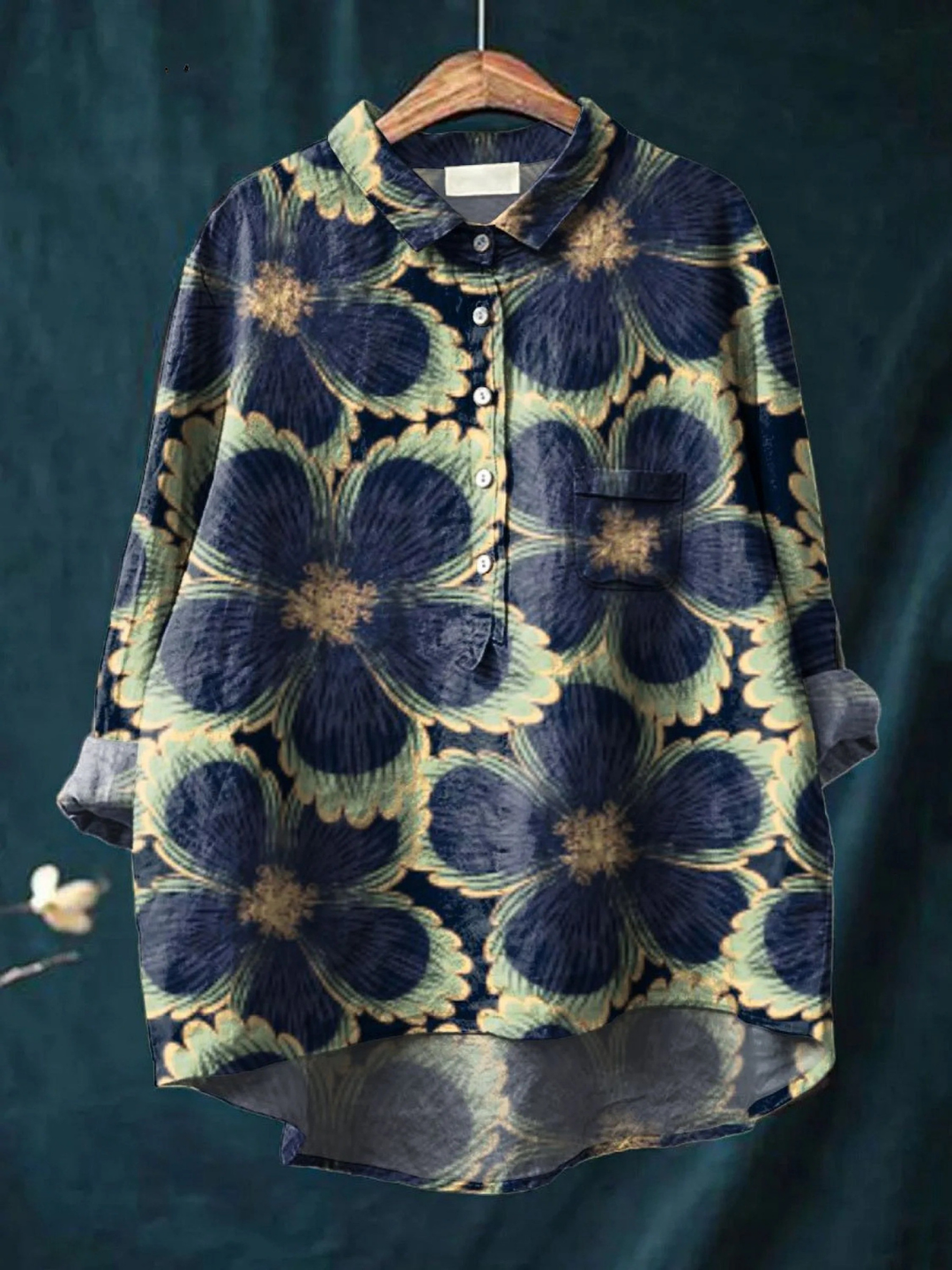 Camisa informal con estampado artístico floral vintage para mujer
