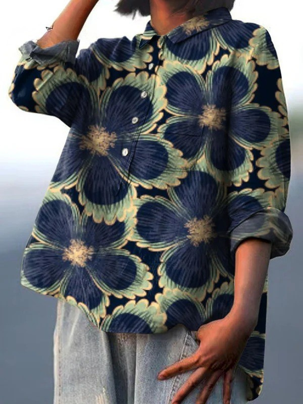 Camisa informal con estampado artístico floral vintage para mujer