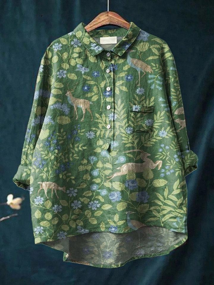 Camisa informal de mujer con estampado floral y animales vintage