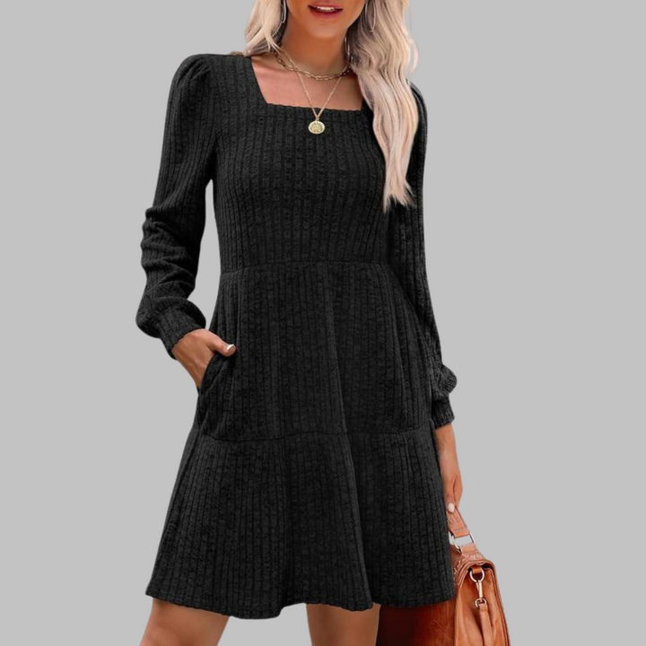 ULAN™ - Vestido midi informal de manga larga con cuello cuadrado