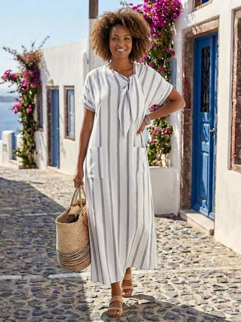Elaris | Vestido midi de manga corta con cuello anudado a rayas y bolsillos