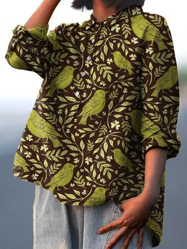 Camisa casual con estampado artístico floral de pájaros vintage para mujer