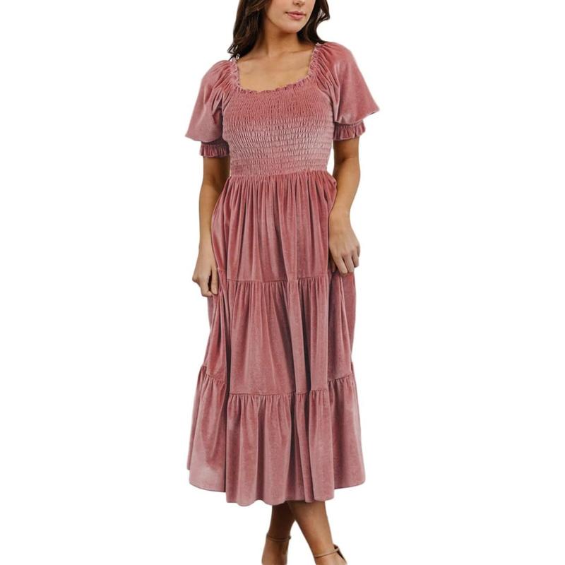 AUDREY™ - Vestido midi acampanado con cuello cuadrado y mangas abullonadas para todas las ocasiones