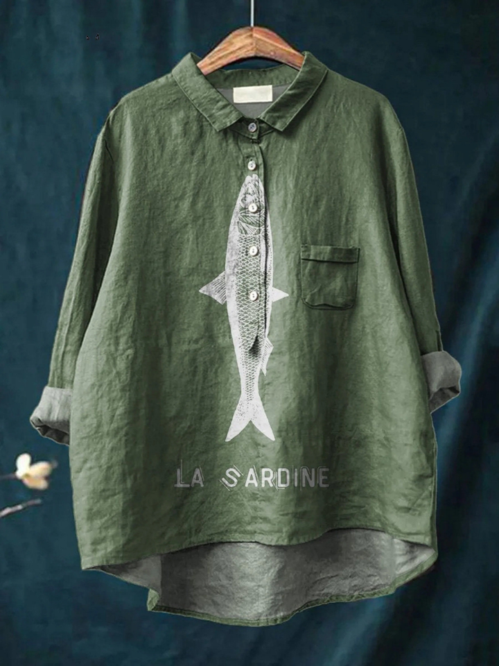 Camisa Casual de Mujer con Estampado Gráfico de Sardinas