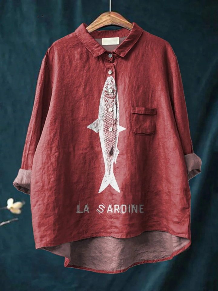 Camisa Casual de Mujer con Estampado Gráfico de Sardinas
