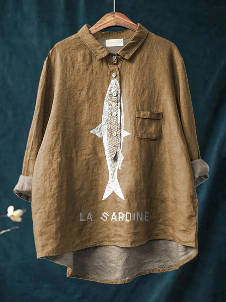 Camisa Casual de Mujer con Estampado Gráfico de Sardinas