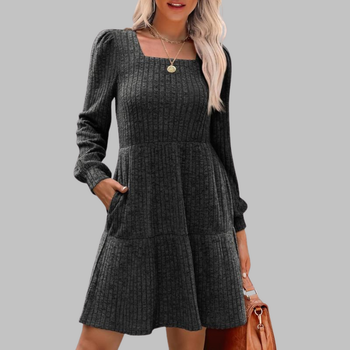 ULAN™ - Vestido midi informal de manga larga con cuello cuadrado