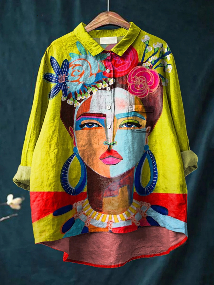 Camisa informal para mujer con retrato artístico de Freda en óleo