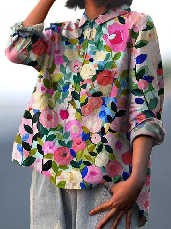 Camisa informal de mujer con estampado floral de jardín de primavera a color