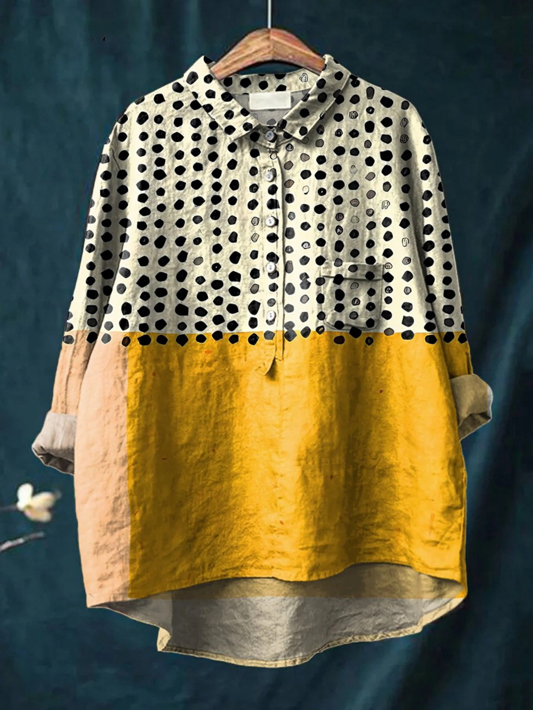 Camisa casual con estampado de puntos de bloques de color amarillo para mujer