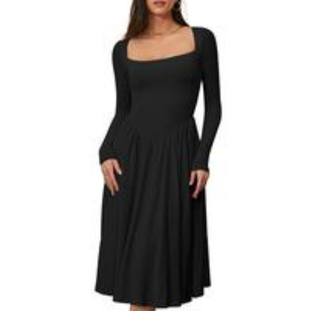 PAIGE™ - Vestido midi atemporal de manga larga y escote cuadrado