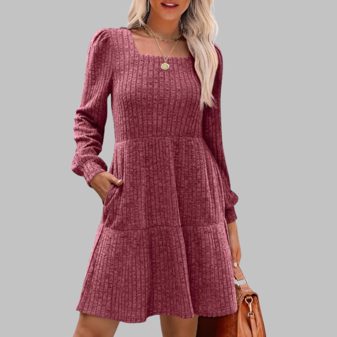 ULAN™ - Vestido midi informal de manga larga con cuello cuadrado