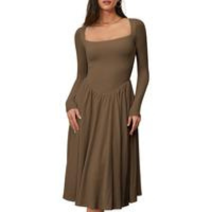 PAIGE™ - Vestido midi atemporal de manga larga y escote cuadrado