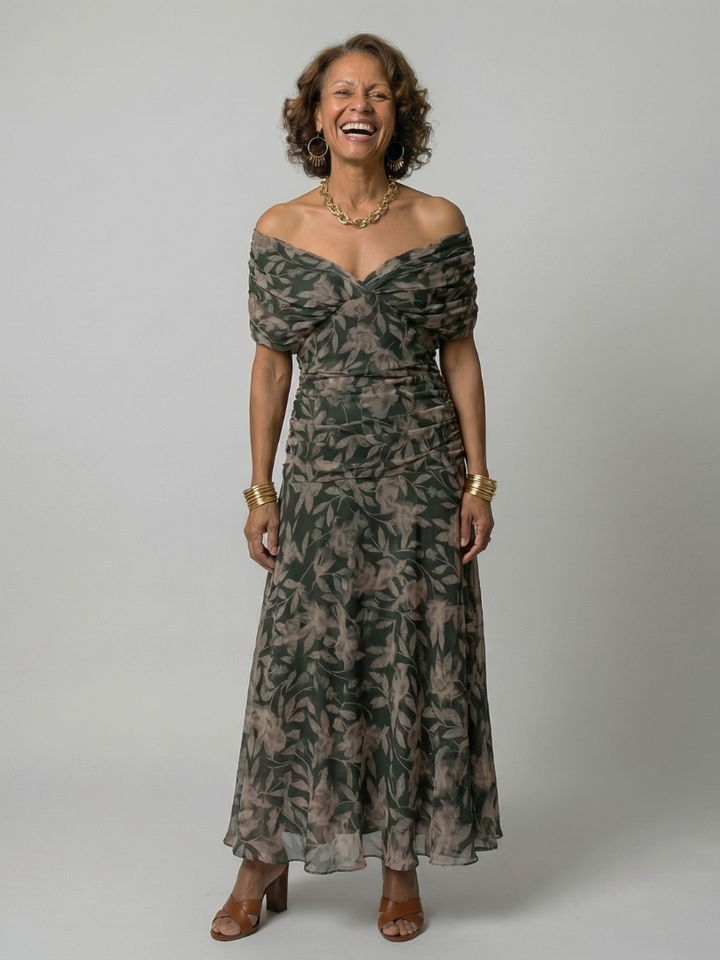 Calen | Vestido midi fluido sin hombros