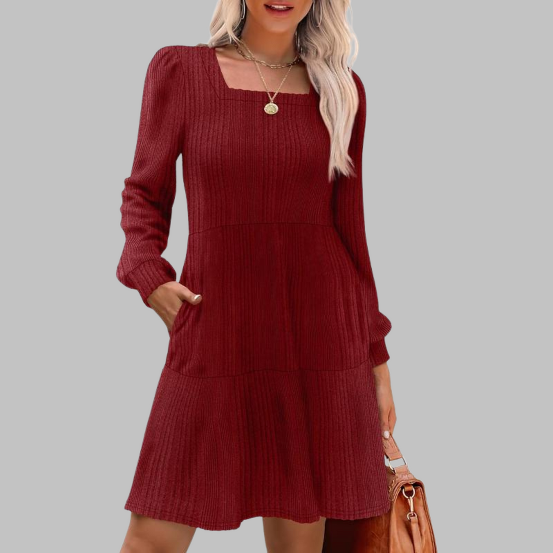 ULAN™ - Vestido midi informal de manga larga con cuello cuadrado