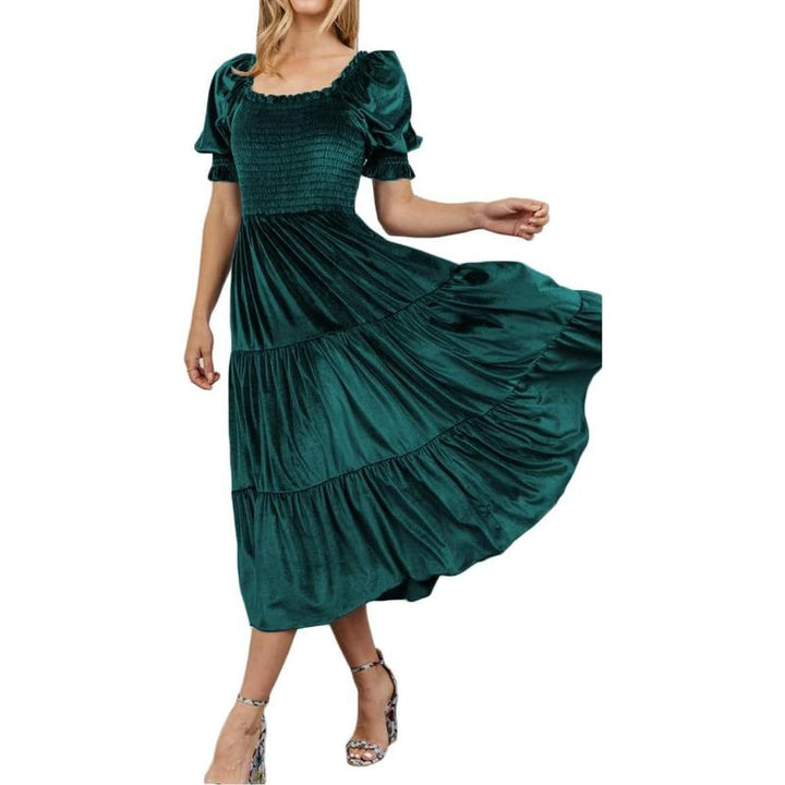 AUDREY™ - Vestido midi acampanado con cuello cuadrado y mangas abullonadas para todas las ocasiones