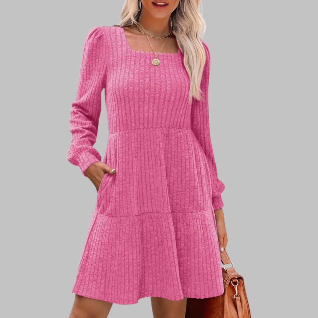 ULAN™ - Vestido midi informal de manga larga con cuello cuadrado
