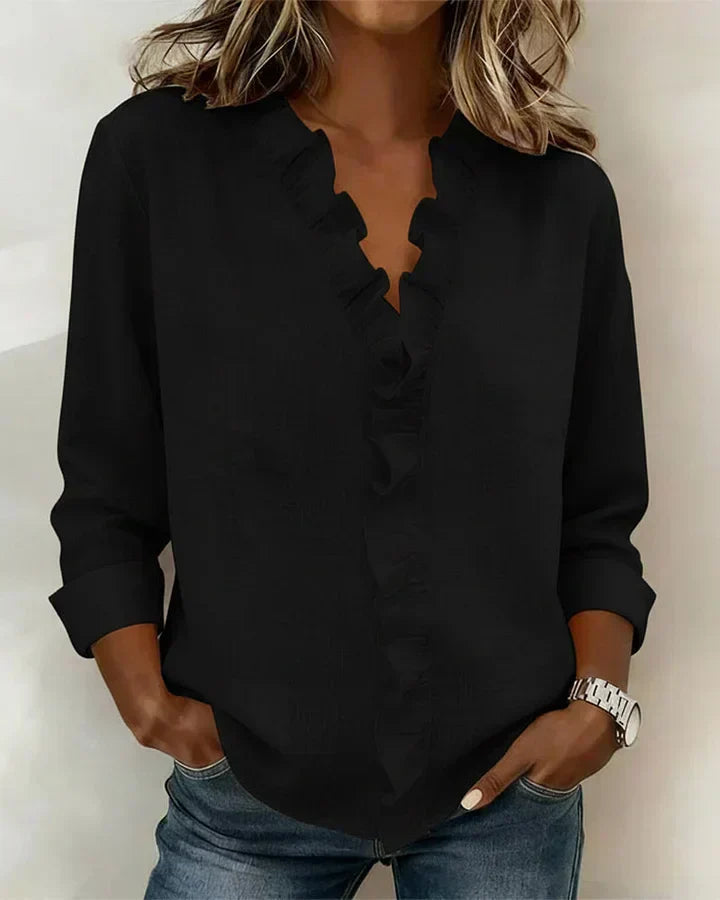 Indie | Blusa con volantes, escote en V y manga larga