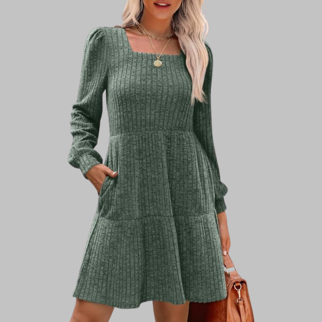 ULAN™ - Vestido midi informal de manga larga con cuello cuadrado