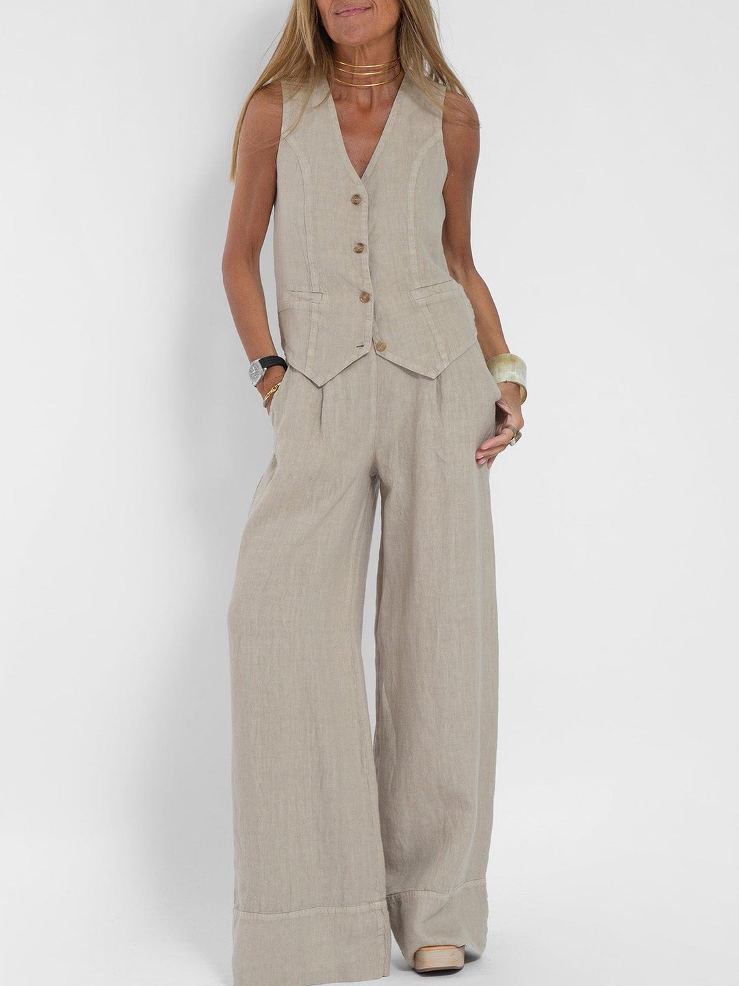 Aira – Conjunto elegante de dos piezas con chaleco y pantalón de pierna ancha