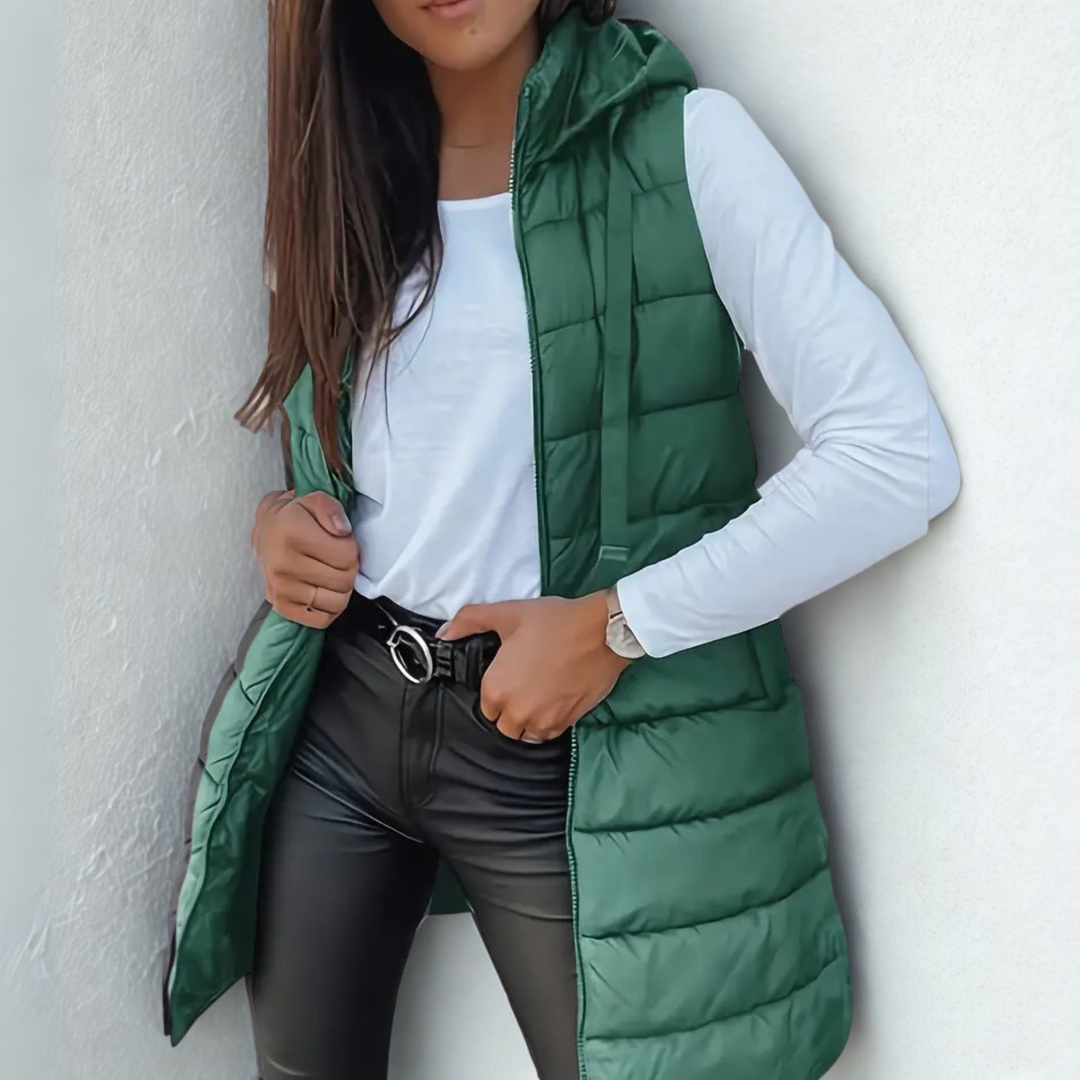 RAIN™ - Chaleco largo de plumón con capucha y sin mangas informal