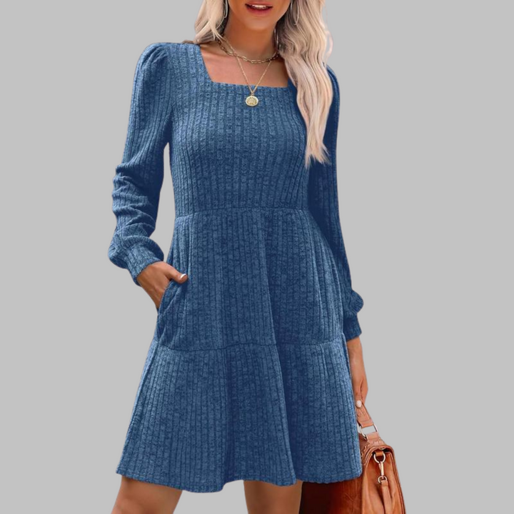 ULAN™ - Vestido midi informal de manga larga con cuello cuadrado