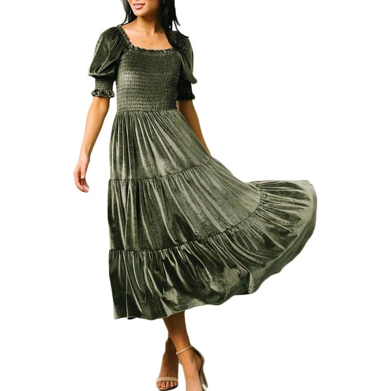 AUDREY™ - Vestido midi acampanado con cuello cuadrado y mangas abullonadas para todas las ocasiones