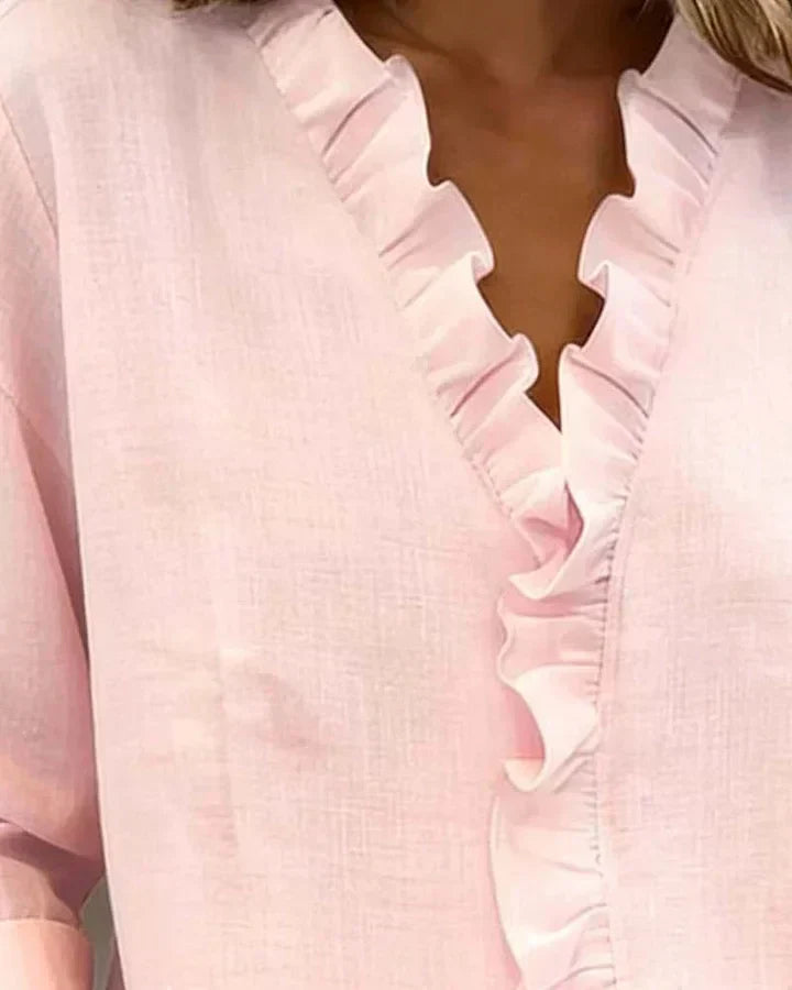 Indie | Blusa con volantes, escote en V y manga larga